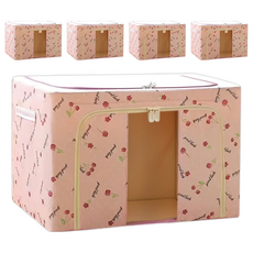 小麥購物 大容量防潑水牛津布雙門單視窗衣物鐵架收納箱 66L, 5個, 粉色小草