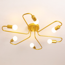 工業風半吸頂六燈客廳吸頂燈 金屬烤漆 E27燈泡 適用於5-6坪, 金色