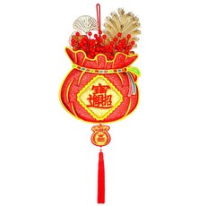 摩達客 春節開運招財刺繡福袋掛飾 招財進寶 紅果金葉 新年裝飾, 1入, 紅色, 29 x 74cm