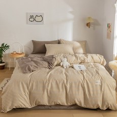 沐慕家居 奶茶格子標準雙人床包組 水洗棉, 四件套, 1.5m, 1組