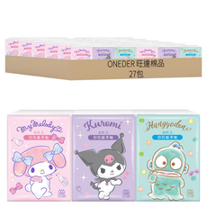 ONEDER 旺達棉品 三麗鷗家族印花紙手帕 輕巧包裝 柔韌親膚 無螢光劑, 8張, 27包