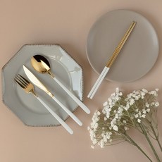 GVEA 韓式餐具4件組, 金白色, 1套, 湯匙 + 筷子 + 叉子 + 刀