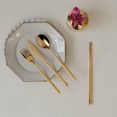 지베아 한식 식기 4종 세트, 올골드, 숟가락 + 젓가락 + 포크 + 나이프, 1세트