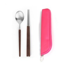 GOLDENBELL 楓木餐具+餐具套組, 餐具(單色)+餐具袋(粉色), 1套, 餐具+收納袋