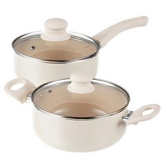 Tamsaa 電磁爐適用 陶瓷湯鍋2件組 鋁製鍋底 快速導熱, 單柄湯鍋16cm + 雙耳湯鍋20cm, 奶油白, 1組