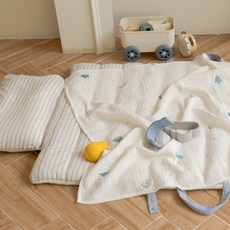 bamiblanc 嬰幼兒四季兩用 100支純棉 Duraron 涼感午睡墊 + 四季 Dino Dino 3層毯子套組, Dreaming(午睡墊), 白色(毯子)