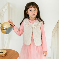 Lala Amang 女童奶油色蕾絲皮草馬甲