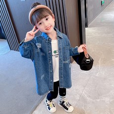 女童鈕扣牛仔長版襯衫 CCV56GSH282