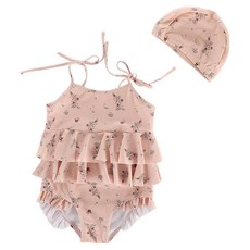 愛北鼻 INS女童泳衣 粉碎花 吊帶連身泳衣+泳帽 90碼 建議80-90cm 1入