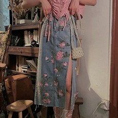 메이첼 플라워 사이드 슬릿 섹시 데님 미디 스커트 00443