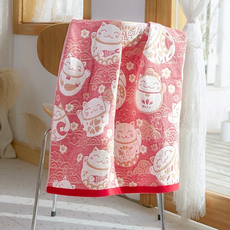 純棉五層紗浴巾 大尺寸(140 x 70cm) 柔軟吸水, 招財貓 粉色, 1條