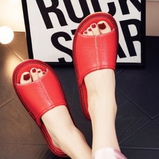 頭層牛皮簡約軟底防滑室內拖鞋 LS13, 紅色, 1雙