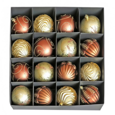 古典花紋聖誕球 16入 - 8cm, 金色 + 古銅色, 1組