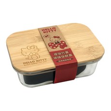 Hello Kitty 凱蒂貓 竹蓋長方型玻璃保鮮盒 1050ml, 保鮮盒 透明色 + 竹蓋 Hello Kitty 咖色, 1個