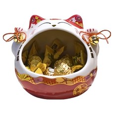 摩達客 春節開運 大口招財貓糖果收納擺飾聚寶盆-紅色 招財進寶, 25.5 x 18 x 18 cm