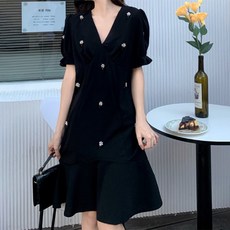 Paperments 立體花朵V領荷葉邊中長版連身裙 02253 含大尺碼, 黑色