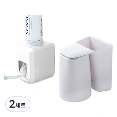 MONACO OLIVE 免鑽孔磁吸漱口杯 + 一鍵式擠牙膏器分配器套組, 白色, 2套