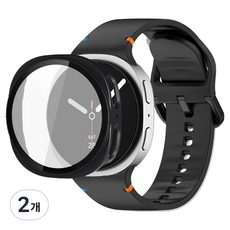 루아러블 갤럭시워치 액정보호 강화유리 필름 풀커버 하드 케이스 + 스포츠밴드 실리콘 스트랩 세트, 블랙, 2개