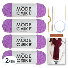 니뜨 모드케이크 뜨개실 100g x 4p + 폴 케이블 머플러 도안 + 줄바늘 6mm + 꽈배기바늘 + 돗바늘 + 심플직사각라벨 세트, 2세트, 28바이올렛