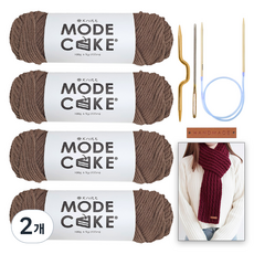 니뜨 모드케이크 뜨개실 100g x 4p + 폴 케이블 머플러 도안 + 줄바늘 6mm + 꽈배기바늘 + 돗바늘 + 심플직사각라벨 세트, 2개, 06연브라운
