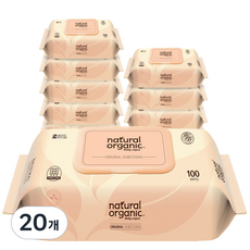 네츄럴오가닉 오리지널 엠보싱 유아용 물티슈 캡형, 52g, 100매, 20개