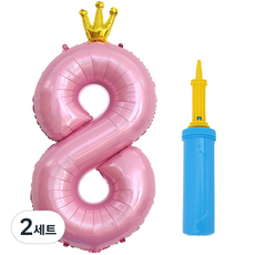 J-Balloon 鋁箔皇冠數字氣球 大 + 手動打氣筒組合, 2套, 8 粉紅色(氣球), 藍色(手動打氣筒)