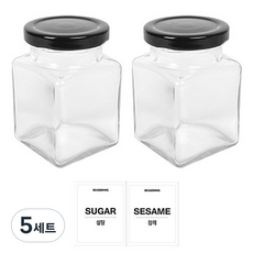 홈앤라이프 유리 양념통 사각 블랙캡 200g 2p 세트, 5세트, 유리 양념통 2p + 투명스티커(설탕 + 참깨)