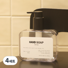 韓國製造 纖薄型 液體洗手乳 補充瓶 300ml + HAND SOAP 標籤組, 4套, 透明 / 黑色 + 白色