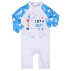 愛北鼻 寶寶長袖連體泳衣 附遮陽帽 兒童泳裝 可愛防曬, 4碼, 湖藍小恐龍