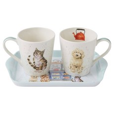 로얄우스터 워렌데일 강아지와 고양이 머그컵 2종 + 트레이 세트, 화이트, 1세트