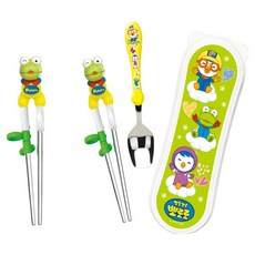 Edison Pororo Crong 立體不鏽鋼學習筷 第1階段 附Easy不鏽鋼湯匙收納盒組, 1套, 筷子 + 湯匙 + 收納盒, 綠色
