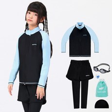 aquatica 女童防磨拉鍊上衣 AQAJJ451 + 短版水陸兩用褲 AQA421 + 一般用泳鏡 + 彈性泳帽 + 矽膠耳塞 + 透明防水袋組合