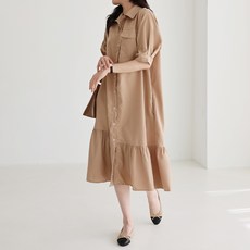 MarketA 女款簡約襯衫式長版荷葉邊連身裙 含大尺碼, 米色