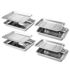 4BNK 無研磨劑廚房用方形全不鏽鋼調理盤 2種 x 2入組, 1套, 調理盤 中 2P + 調理盤 大 2P + 網架 + 托盤