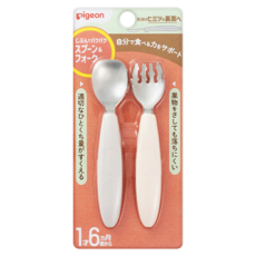 pigeon 貝親 寶寶不鏽鋼餐具組 湯匙*1+叉子*1, 白色+米色, 1組