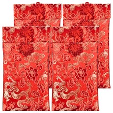 吉祥福氣布藝紅包袋 18公分高 10.3公分寬 錦緞布料 油印圖樣 新年福袋 禮品袋 錢包袋, 4個
