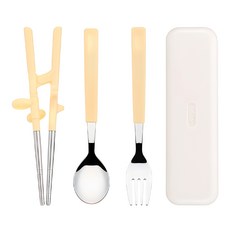 Edison 第2階段不鏽鋼筷子組, 1套, 黃色, 筷子 + 湯匙 + 叉子 + 收納盒