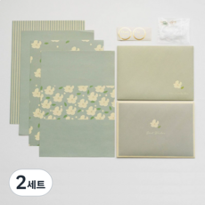 Hugoing 花朵信紙4款 + 信封2款 + 裝飾套組2款組合, 綠色, 2套