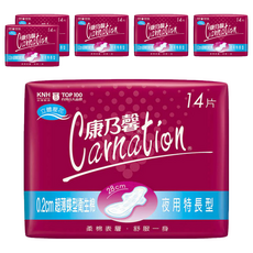 康乃馨 0.2cm超薄蝶型衛生棉, 夜用特長型 28cm, 14片, 6包