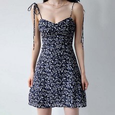 elsso. 碎花肩帶背心連身迷你裙, 深藍色