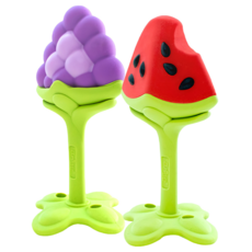 Ange 3D水果造型固齒器套裝 適用於3-18個月, 2個固齒器 + 2個矽膠鍊夾 + 2個透明保護盒, 紫色 + 紅色 + 綠色, 1組