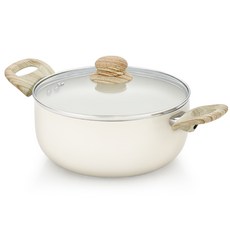 QUEEN SENSE IH爐適用木質雙耳陶瓷湯鍋+木頭把手玻璃鍋蓋組, 乳白色, 24cm, 1組