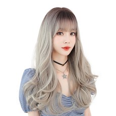 하이유니 투톤 그레이스 펌 헤어 긴머리 통가발 가발 58cm + 가발망 + 거치대 세트, 애쉬화이트 + 와인, 1개