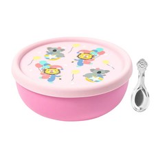 KOM 316不鏽鋼兒童隔熱碗, 粉色, 矽膠上蓋 + 湯匙, 獅子, 1組