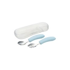 Richell 利其爾 不鏽鋼匙叉組附盒, 430不鏽鋼, 聚丙烯, 適用七個月以上, 藍/粉/米, 湯匙+叉子, 1組