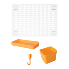 免打孔洞洞板置物架8件組 42 x 30cm DIY創意組合收納, 洞洞板 白色 + 配件 黃色, 1組