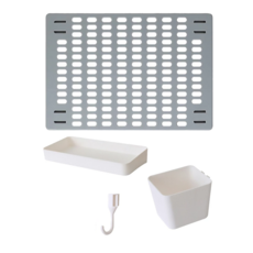 免打孔家用洞洞板置物架8件組, PS材質, 洞洞板42x30cm, 置物盤20x10x3cm, 收納盒10x8x8cm, 灰色 + 白色, 1組