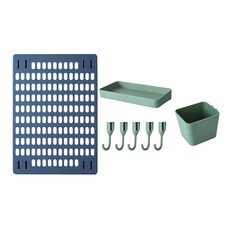 免打孔家用洞洞板置物架 Set 8, PS材質, 洞洞板42x30, 置物盤20x10x3, 收納盒10x8x8, 掛勾長2.6cm, 藍色+綠色, 1組