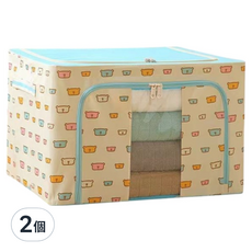 小麥購物 大容量防潑水牛津布雙門單視窗衣物鐵架收納箱 66L, 2個, 藍色小熊