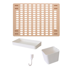 免打孔家用洞洞板置物架套裝，含洞洞板(42x30cm)、置物盤(20x10x3cm)、收納筒、掛勾x5，PS材質, 洞洞板 粉色 + 配件 白色, 1組